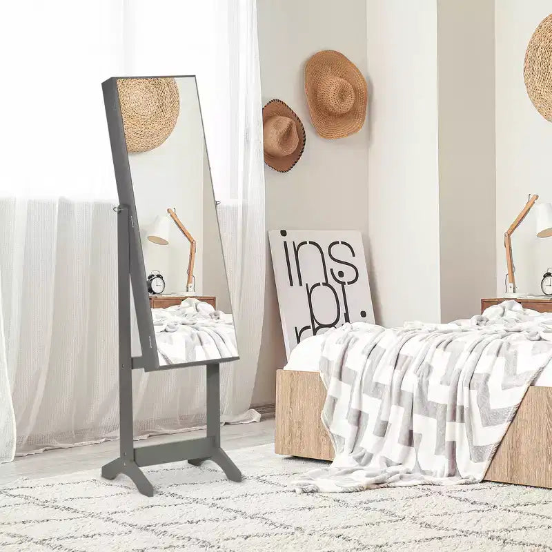 Joyero de pie, organizador de joyas con cerradura y espejo de cuerpo entero, y 3 ángulos ajustables, gris