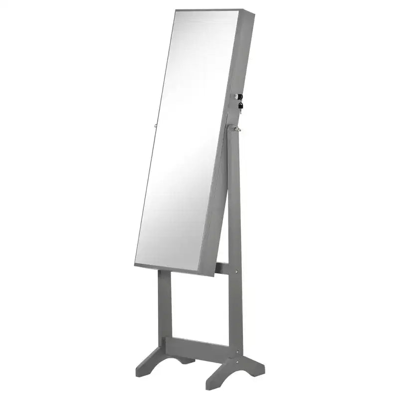 Joyero de pie, organizador de joyas con cerradura y espejo de cuerpo entero, y 3 ángulos ajustables, gris