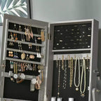 Joyero de pie, organizador de joyas con cerradura y espejo de cuerpo entero, y 3 ángulos ajustables, gris