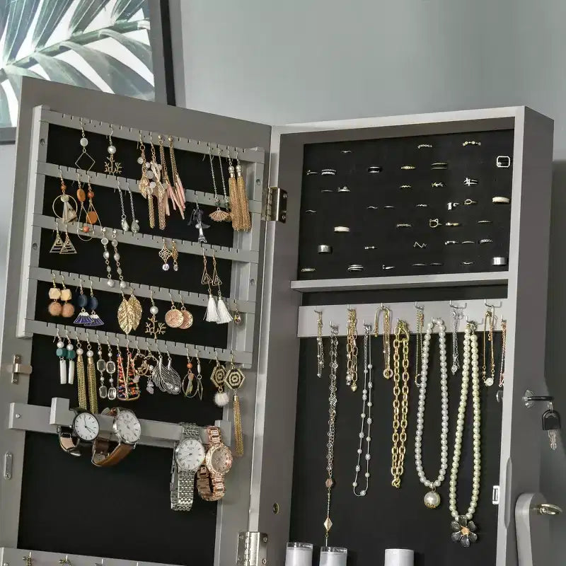 Joyero de pie, organizador de joyas con cerradura y espejo de cuerpo entero, y 3 ángulos ajustables, gris
