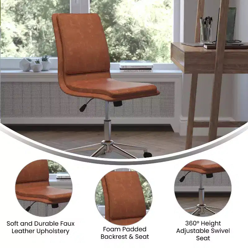 Silla de oficina para el hogar sin brazos con respaldo medio, asiento giratorio de altura ajustable y base cromada de cinco estrellas