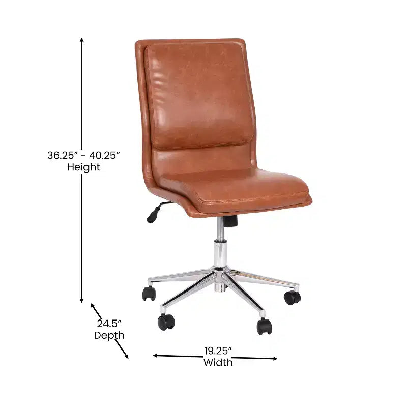 Silla de oficina para el hogar sin brazos con respaldo medio, asiento giratorio de altura ajustable y base cromada de cinco estrellas