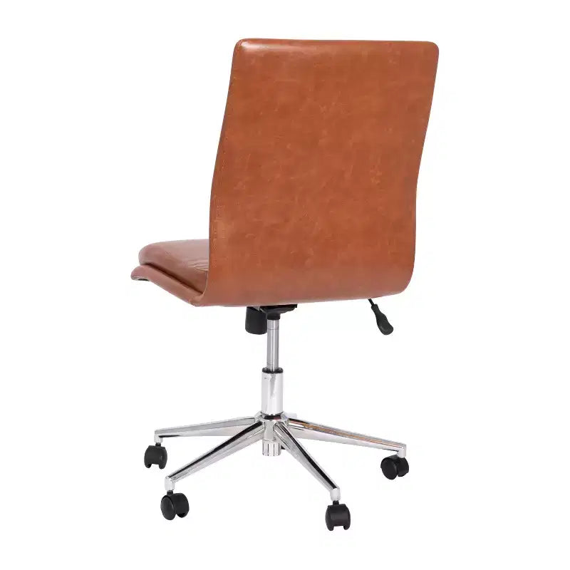 Silla de oficina para el hogar sin brazos con respaldo medio, asiento giratorio de altura ajustable y base cromada de cinco estrellas