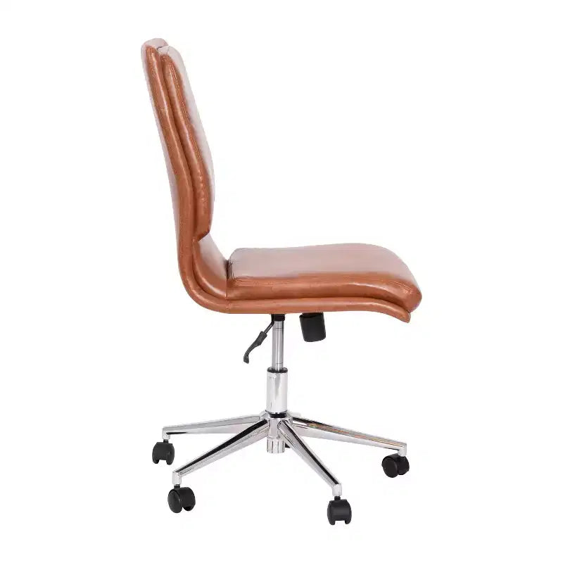 Silla de oficina para el hogar sin brazos con respaldo medio, asiento giratorio de altura ajustable y base cromada de cinco estrellas