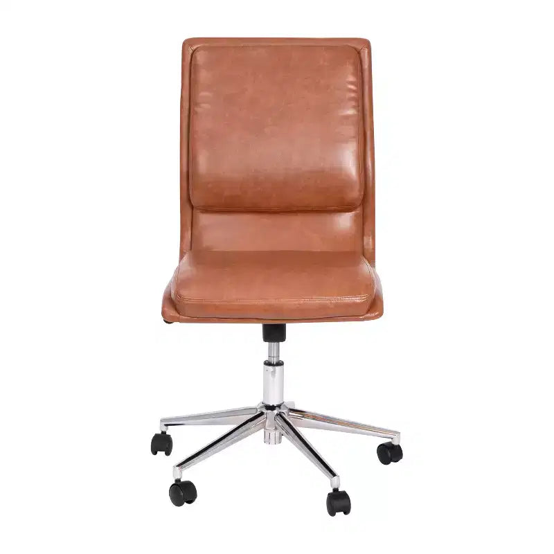 Silla de oficina para el hogar sin brazos con respaldo medio, asiento giratorio de altura ajustable y base cromada de cinco estrellas