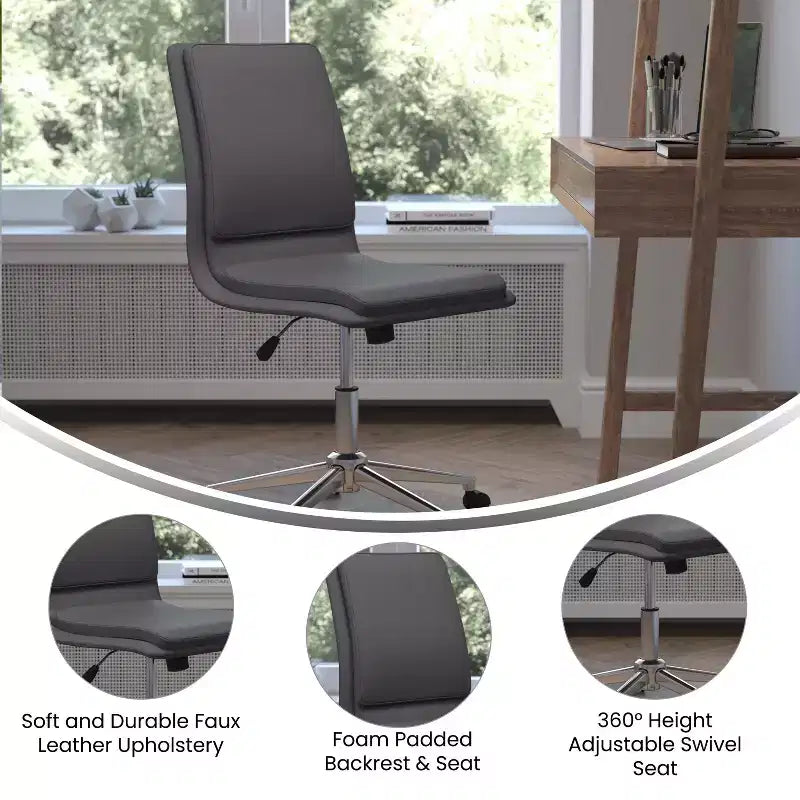 Silla de oficina para el hogar sin brazos con respaldo medio, asiento giratorio de altura ajustable y base cromada de cinco estrellas