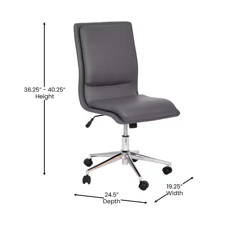 Silla de oficina para el hogar sin brazos con respaldo medio, asiento giratorio de altura ajustable y base cromada de cinco estrellas
