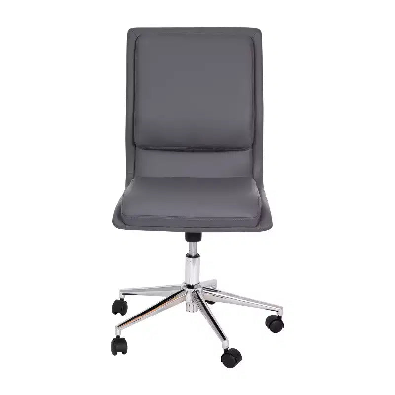 Silla de oficina para el hogar sin brazos con respaldo medio, asiento giratorio de altura ajustable y base cromada de cinco estrellas