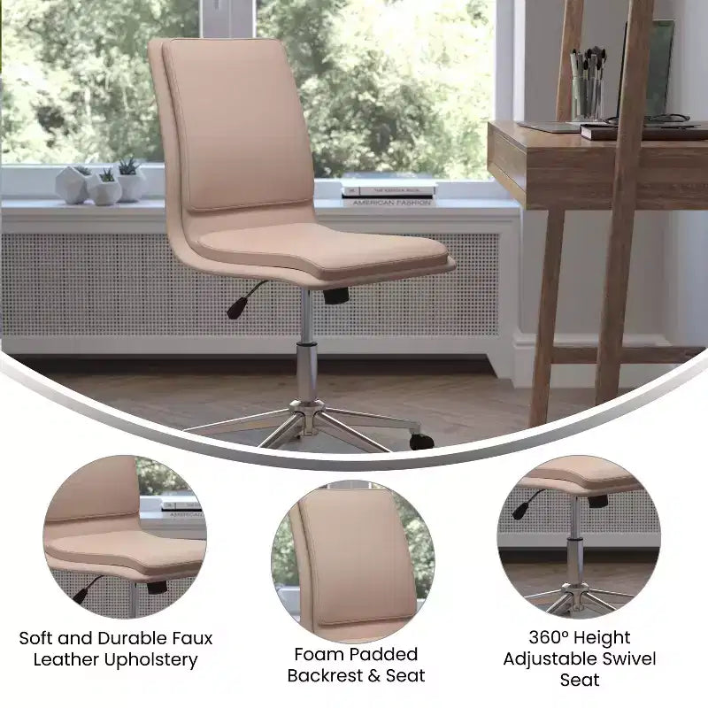 Silla de oficina para el hogar sin brazos con respaldo medio, asiento giratorio de altura ajustable y base cromada de cinco estrellas