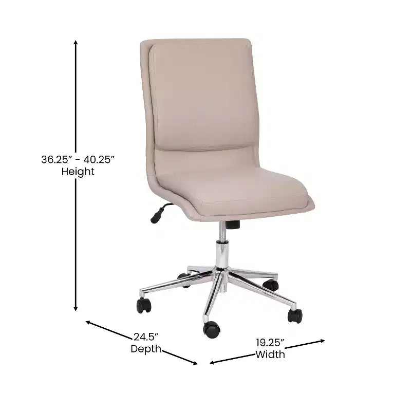 Silla de oficina para el hogar sin brazos con respaldo medio, asiento giratorio de altura ajustable y base cromada de cinco estrellas