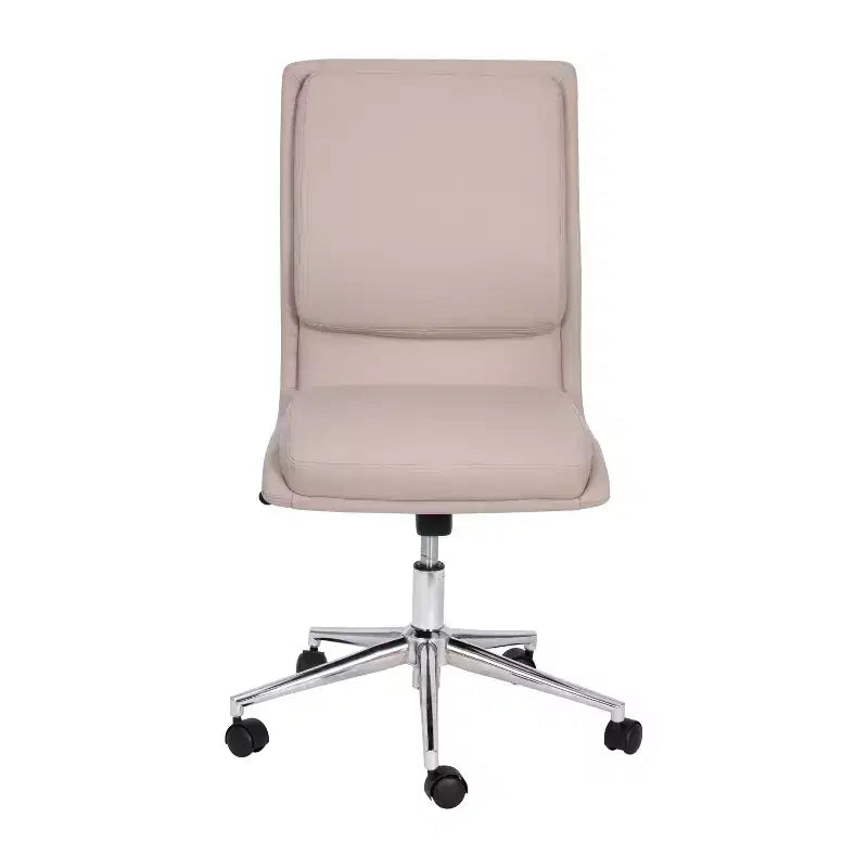 Silla de oficina para el hogar sin brazos con respaldo medio, asiento giratorio de altura ajustable y base cromada de cinco estrellas