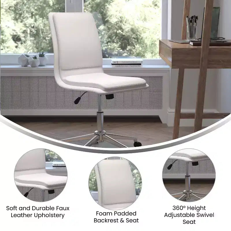 Silla de oficina para el hogar sin brazos con respaldo medio, asiento giratorio de altura ajustable y base cromada de cinco estrellas