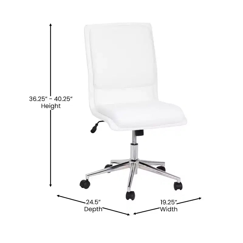 Silla de oficina para el hogar sin brazos con respaldo medio, asiento giratorio de altura ajustable y base cromada de cinco estrellas