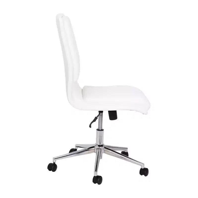 Silla de oficina para el hogar sin brazos con respaldo medio, asiento giratorio de altura ajustable y base cromada de cinco estrellas
