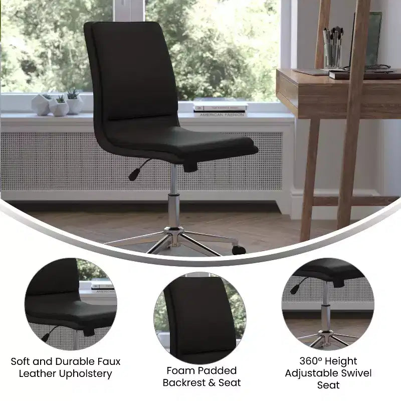 Silla de oficina para el hogar sin brazos con respaldo medio, asiento giratorio de altura ajustable y base cromada de cinco estrellas