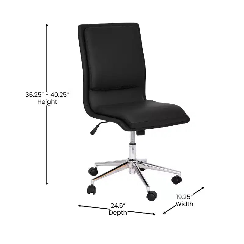 Silla de oficina para el hogar sin brazos con respaldo medio, asiento giratorio de altura ajustable y base cromada de cinco estrellas