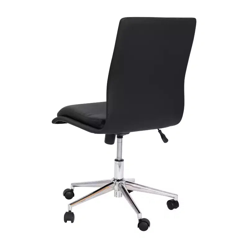 Silla de oficina para el hogar sin brazos con respaldo medio, asiento giratorio de altura ajustable y base cromada de cinco estrellas