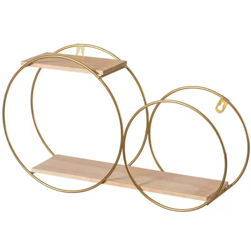 Fabulaxe Tiered Modern Decorative Round Accent Floating Shelf Circle Decor Display Wall Mounted Shelf with Metal Frame and Pine Wood Shelves, Gold