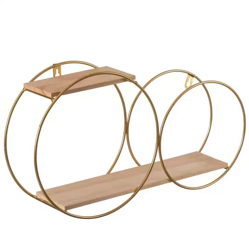 Tiered Modern Decorative Round Accent Floating Shelf Circle Decor Display Wall Mounted Shelf with Metal Frame and Pine Wood Shelves, Gold