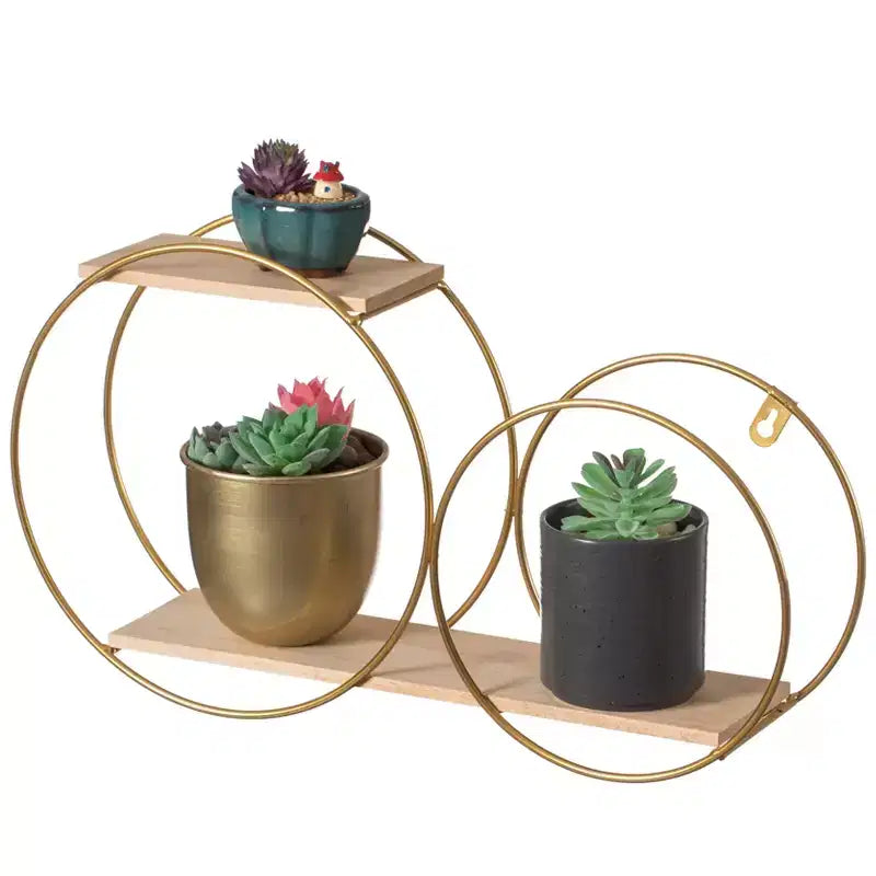 Tiered Modern Decorative Round Accent Floating Shelf Circle Decor Display Wall Mounted Shelf with Metal Frame and Pine Wood Shelves, Gold