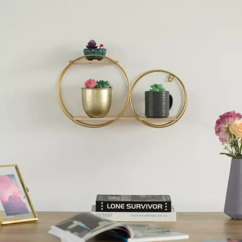 Tiered Modern Decorative Round Accent Floating Shelf Circle Decor Display Wall Mounted Shelf with Metal Frame and Pine Wood Shelves, Gold