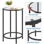 Mesa auxiliar redonda con tapa de cristal y estructura de metal para sala de estar