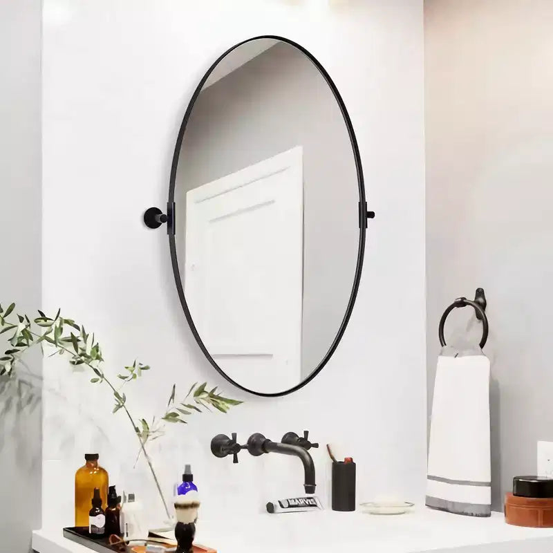 ANDY STAR Modern Decorative 22 x 34 Inch Oval Wall Mounted Hanging Bathroom Vanity Mirror with Stainless Steel Metal Frame, Matte Black