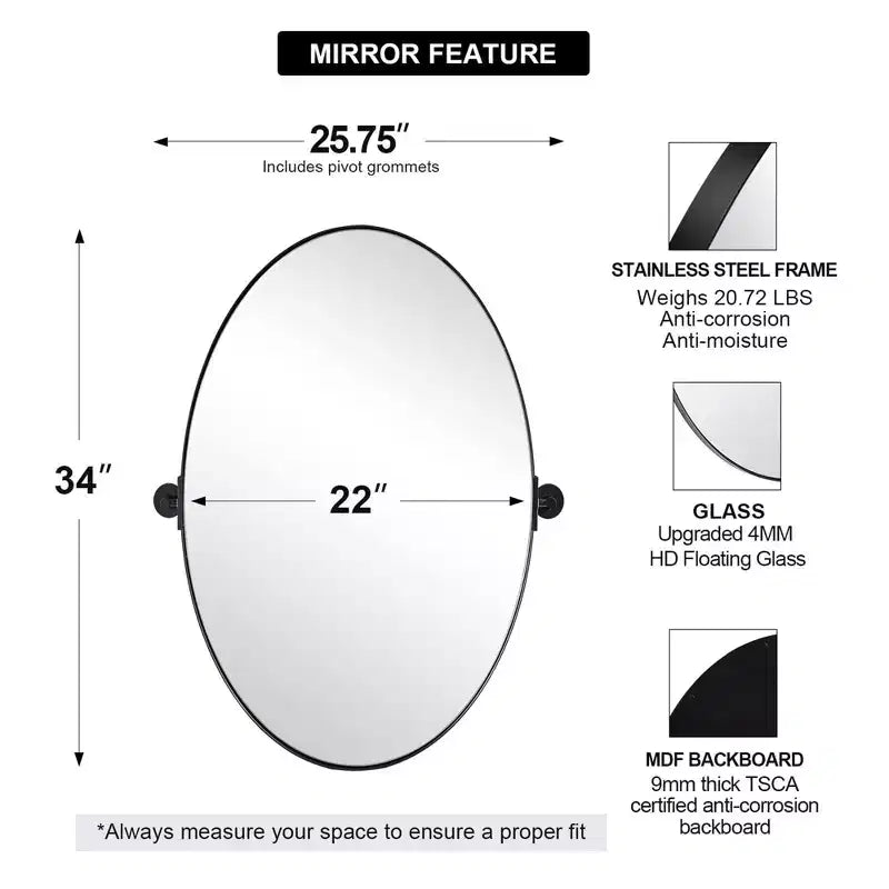Modern Decorative 22 x 34 Inch Oval Wall Mounted Hanging Bathroom Vanity Mirror with Stainless Steel Metal Frame, Matte Black