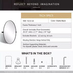 Espejo de Tocador Ovalado de Pared Moderno Decorativo de 22 x 34 Pulgadas con Marco de Metal de Acero Inoxidable, Negro Mate