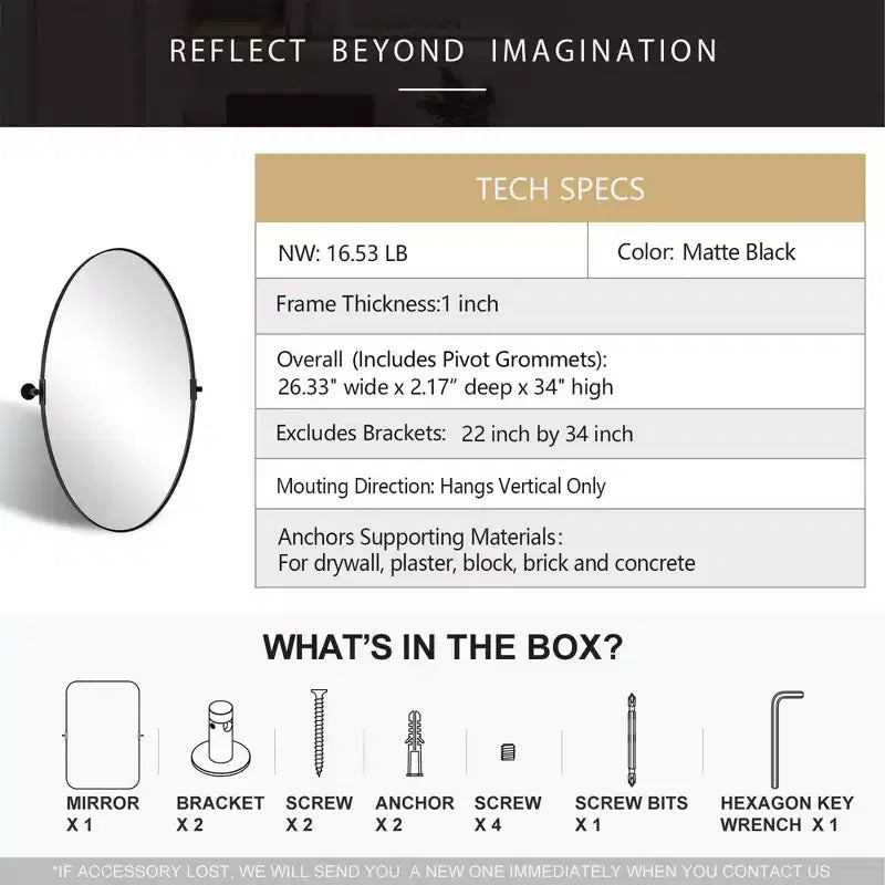 Modern Decorative 22 x 34 Inch Oval Wall Mounted Hanging Bathroom Vanity Mirror with Stainless Steel Metal Frame, Matte Black