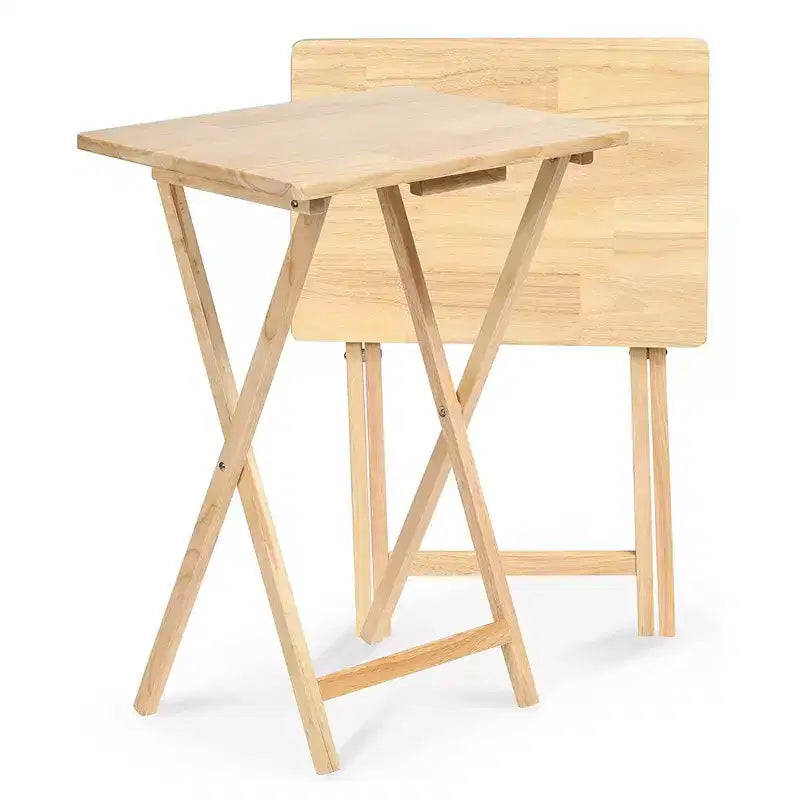 Mesa rectangular plegable portátil para aperitivos de TV, construcción de madera maciza con acabado natural (juego de 8 piezas)