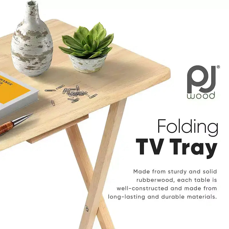Mesa rectangular plegable portátil para aperitivos de TV, construcción de madera maciza con acabado natural (juego de 8 piezas)
