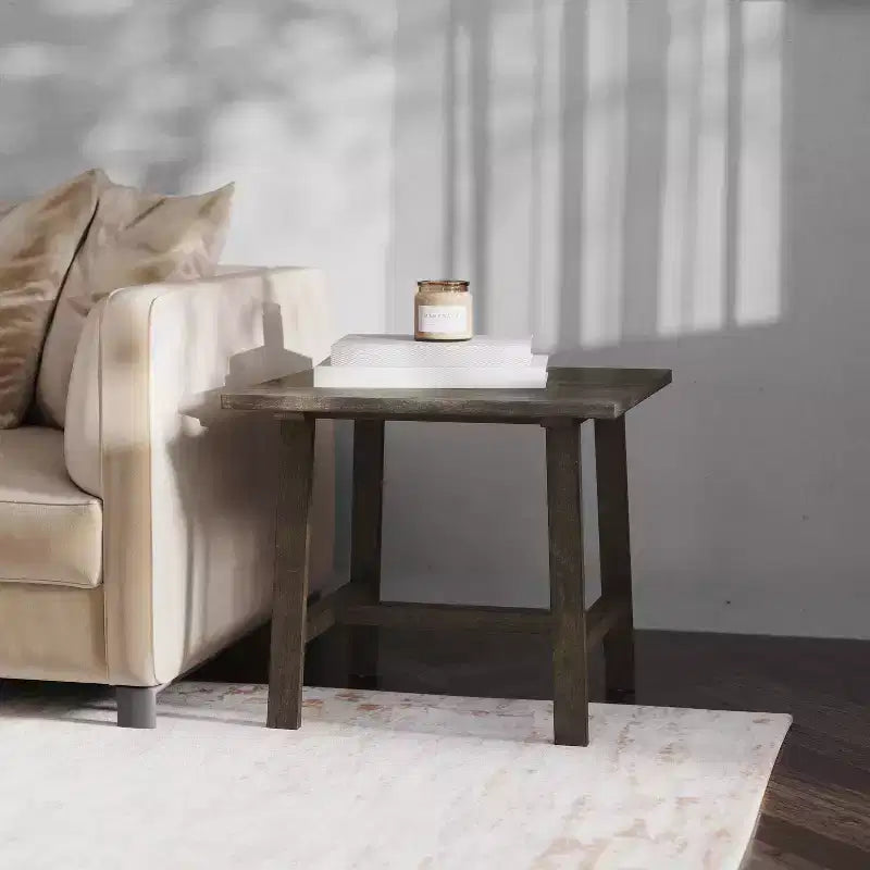 Mesa Auxiliar Rústica de Madera Maciza con Patas de Caballete