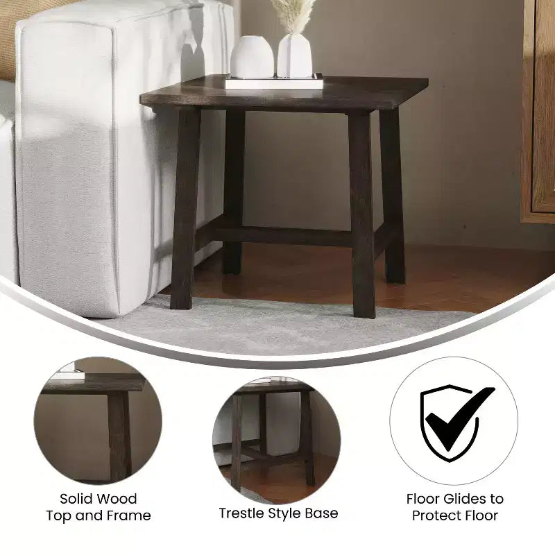 Mesa Auxiliar Rústica de Madera Maciza con Patas de Caballete