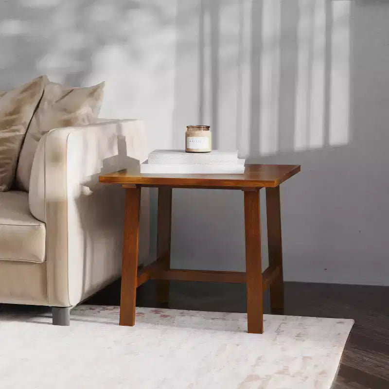 Mesa Auxiliar Rústica de Madera Maciza con Patas de Caballete