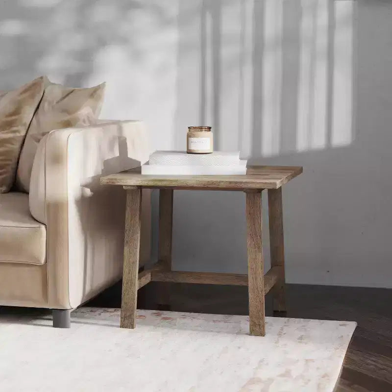 Mesa Auxiliar Rústica de Madera Maciza con Patas de Caballete
