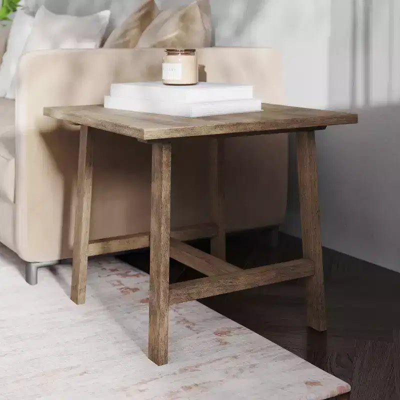 Mesa Auxiliar Rústica de Madera Maciza con Patas de Caballete