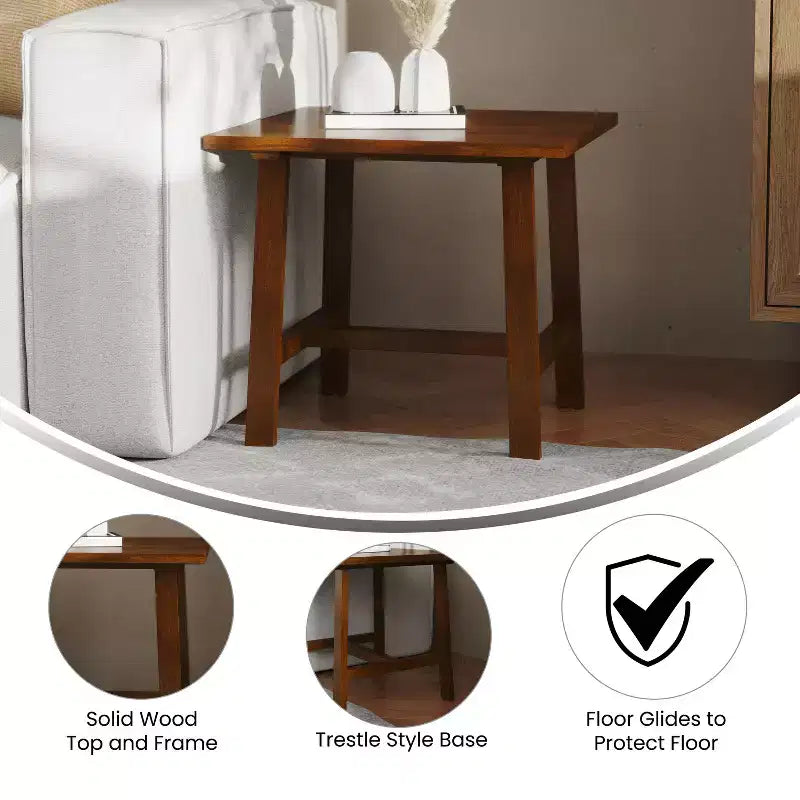 Mesa Auxiliar Rústica de Madera Maciza con Patas de Caballete