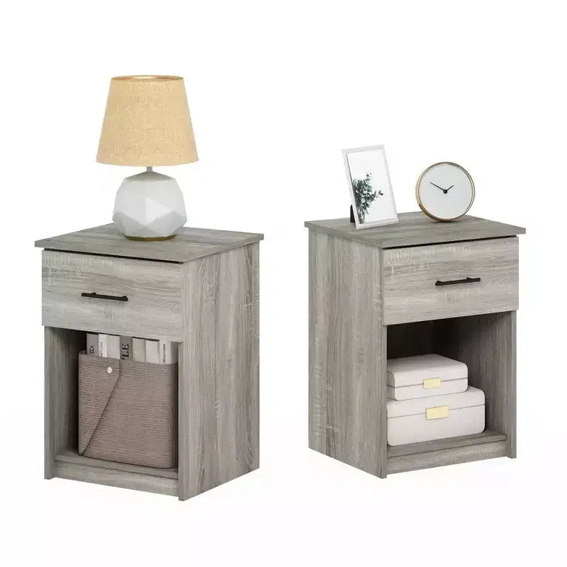 Mesitas de noche de mediados de siglo de 2 piezas, mesa auxiliar multiusos con cajón y cubo de almacenamiento abierto para dormitorio, sala de estar, roble francés gris