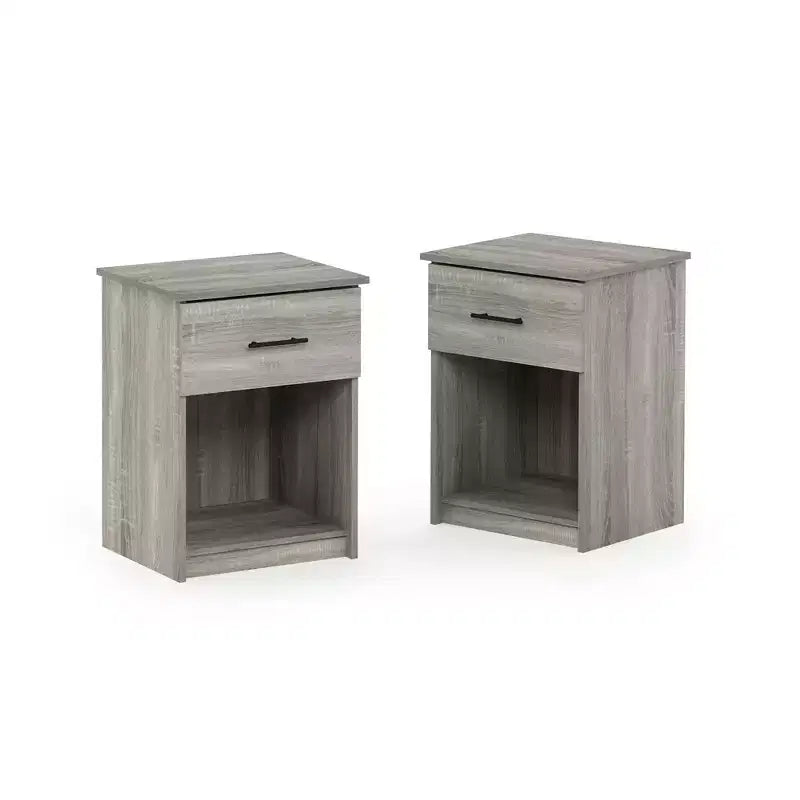 Mesitas de noche de mediados de siglo de 2 piezas, mesa auxiliar multiusos con cajón y cubo de almacenamiento abierto para dormitorio, sala de estar, roble francés gris
