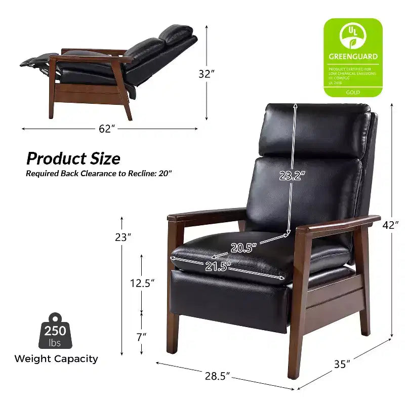 Sillón reclinable de madera maciza de piel vegana Justus Mid-Century Modern|ART OF LIVING DESIGNS