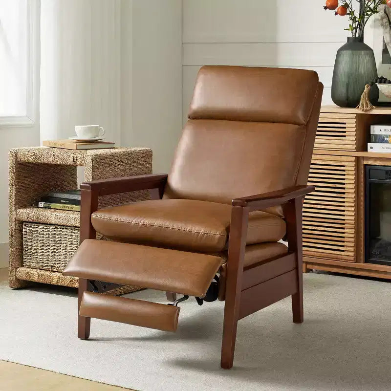 Sillón reclinable de madera maciza de piel vegana Justus Mid-Century Modern|ART OF LIVING DESIGNS