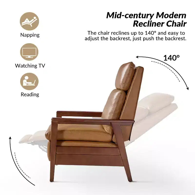 Sillón reclinable de madera maciza de piel vegana Justus Mid-Century Modern|ART OF LIVING DESIGNS