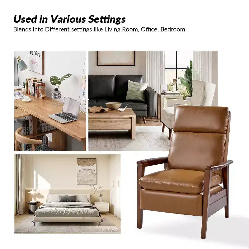 Sillón reclinable de madera maciza de piel vegana Justus Mid-Century Modern|ART OF LIVING DESIGNS