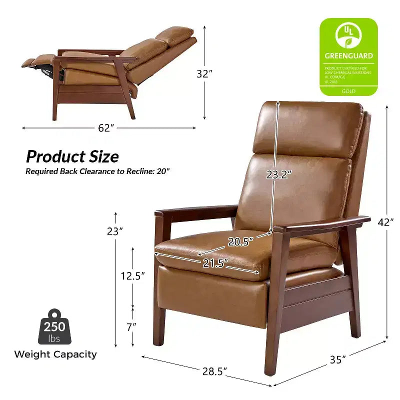 Sillón reclinable de madera maciza de piel vegana Justus Mid-Century Modern|ART OF LIVING DESIGNS