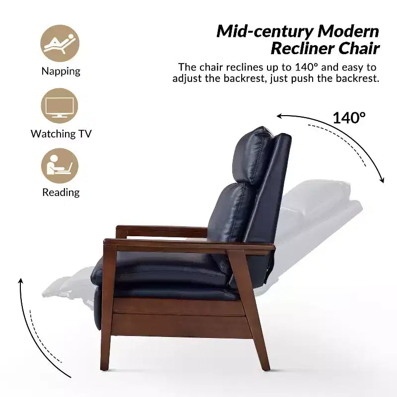 Sillón reclinable de madera maciza de piel vegana Justus Mid-Century Modern|ART OF LIVING DESIGNS