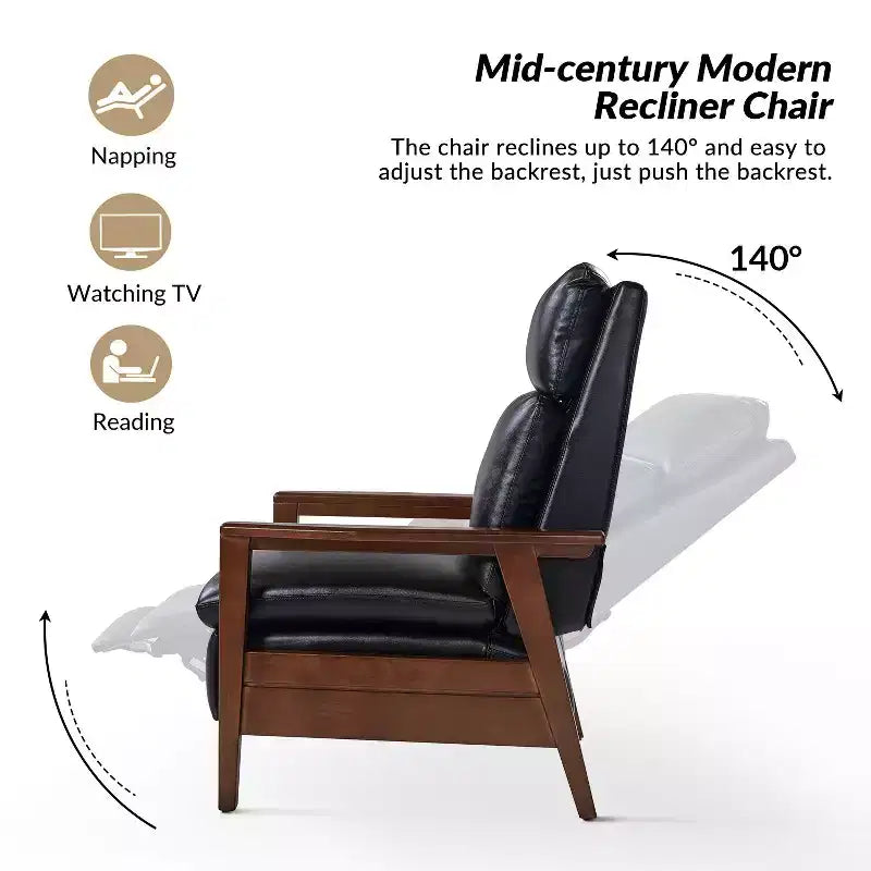 Sillón reclinable de madera maciza de piel vegana Justus Mid-Century Modern|ART OF LIVING DESIGNS