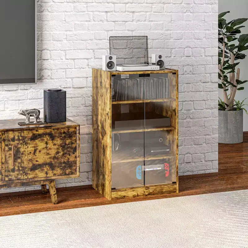 HOMCOM Mueble Multimedia de 5 Estantes con Baldas Ajustables en 3 Niveles, Puertas de Vidrio Templado y Gestión de Cables