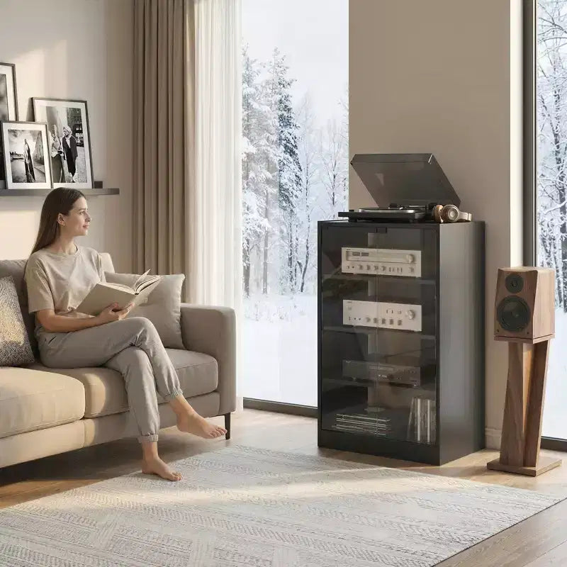 HOMCOM Mueble Multimedia de 5 Estantes con Baldas Ajustables en 3 Niveles, Puertas de Vidrio Templado y Gestión de Cables