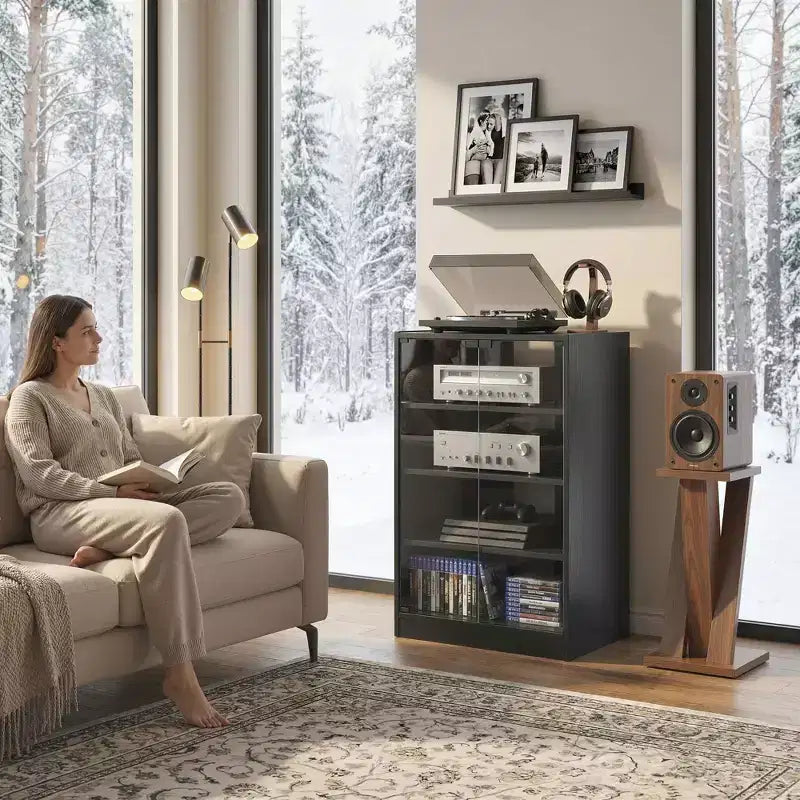 HOMCOM Mueble Multimedia de 5 Estantes con Baldas Ajustables en 3 Niveles, Puertas de Vidrio Templado y Gestión de Cables